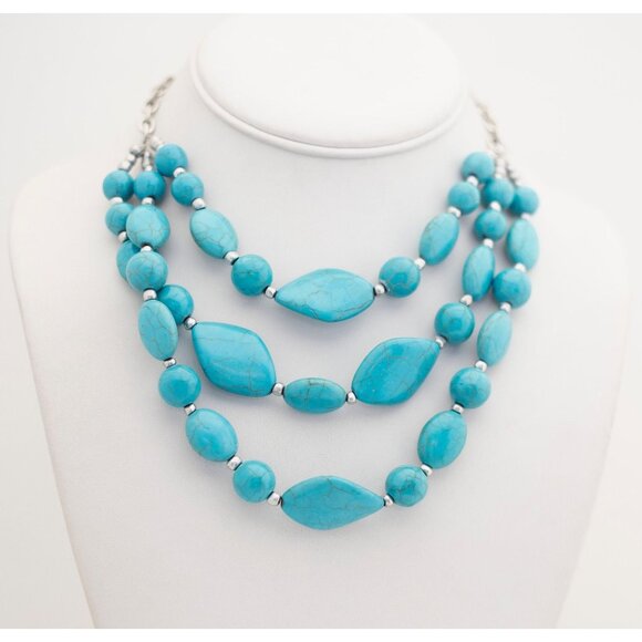 18 Inch Turquoise style Beaded Bib Necklace With Three Strands - T1 - Picture 1 of 4